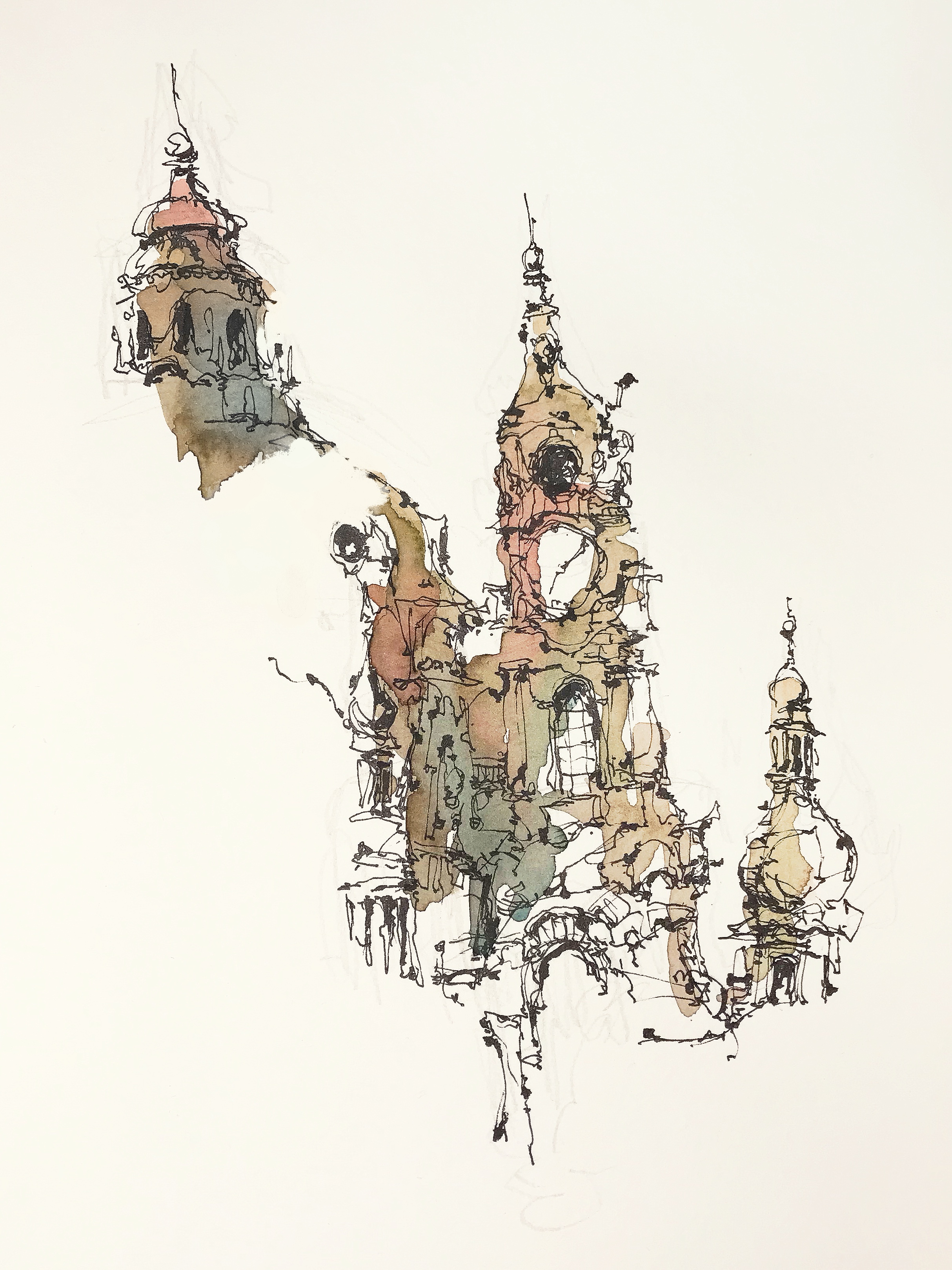 Watercolour and ink drawing of the Church of Saint Nicholas in Prague