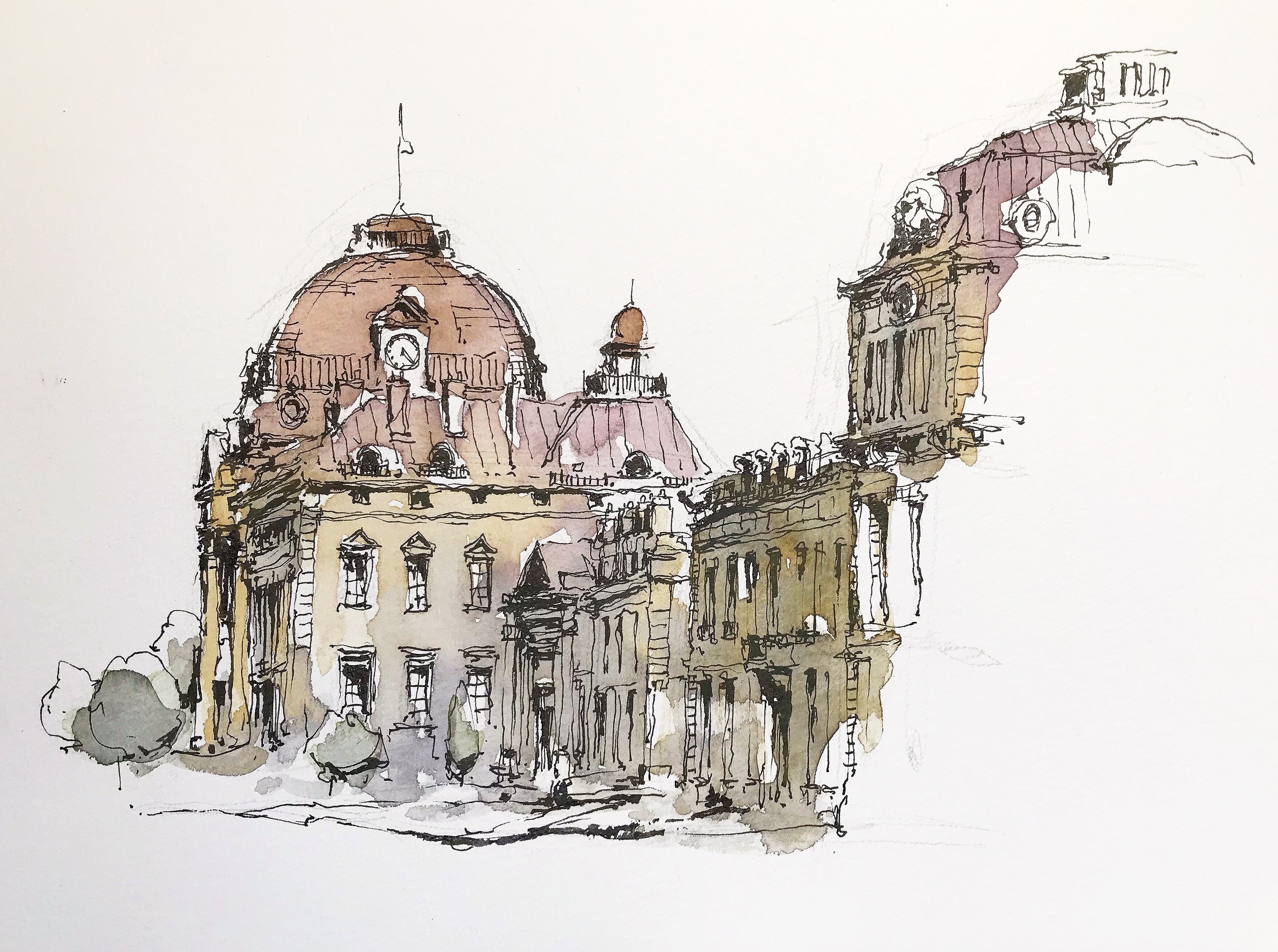Watercolour and ink drawing of École Militaire in Paris