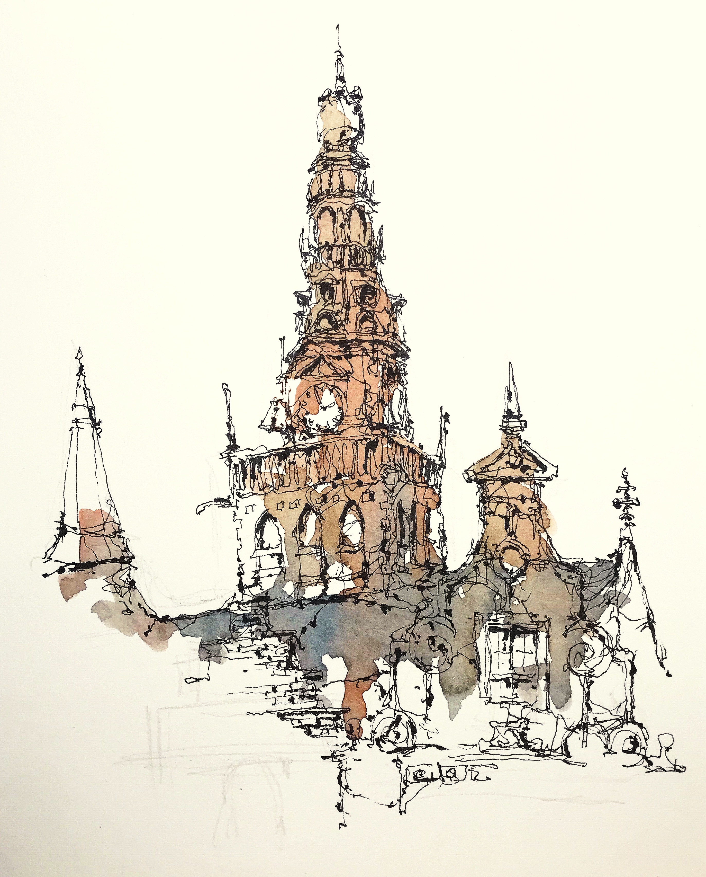 Watercolour and ink drawing of the Grote Markt in Nijmegen