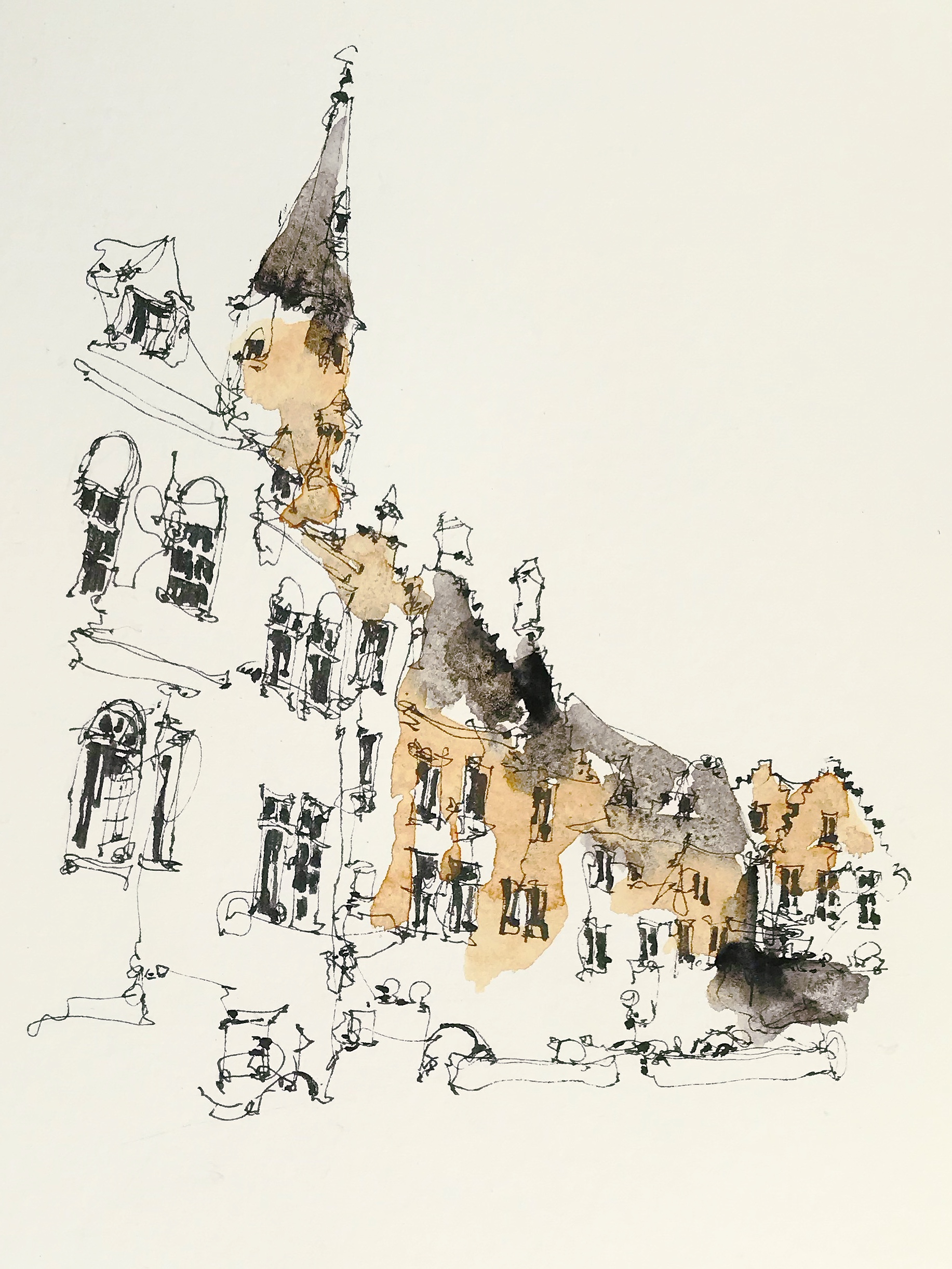 Watercolour and ink drawing of the Huidenvettershuis in Brugge