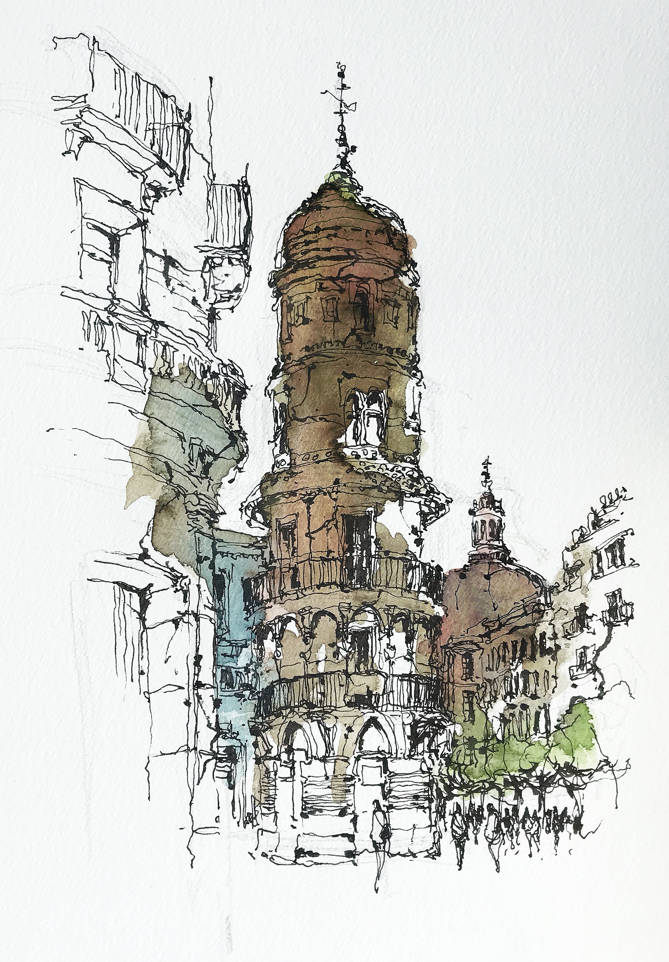 Watercolour and ink drawing of La Adriatica Building in Seville