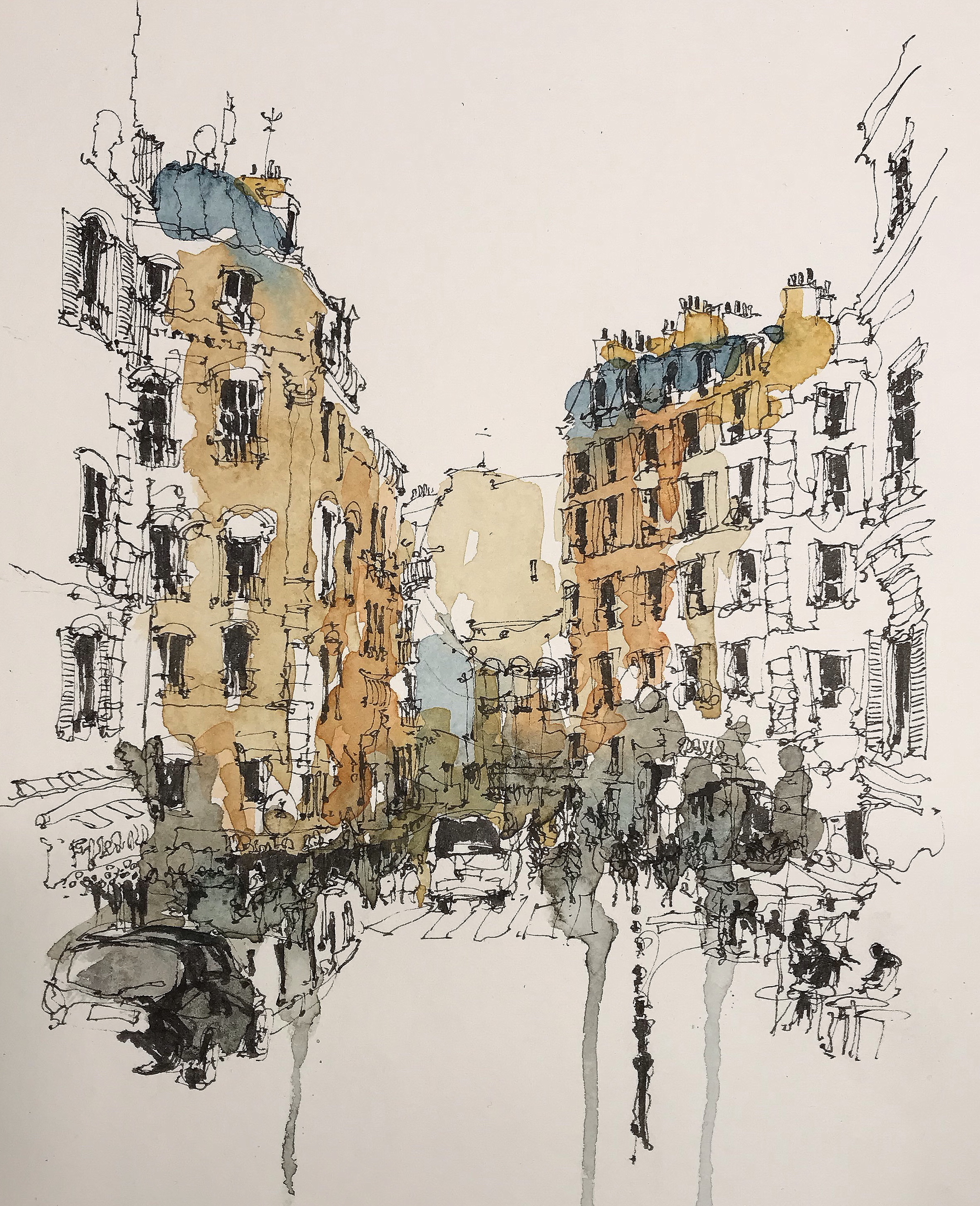 Watercolour and ink drawing of Rue Tardieu in Paris
